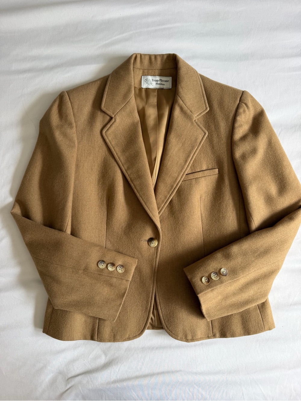 VTG Evan Picone Camel Tan Wool Blend One Button Tailored Classic Prep Blazer